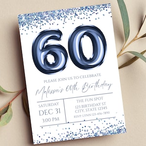 Editable 60th Birthday Invitation, Navy Blue and White Invitation, Navy Blue 60 Balloon, Milestone Birthday, Glitter, Printable or Digtial