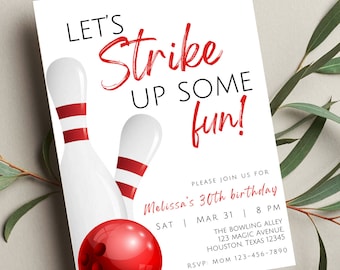 Editable Bowling Birthday Invitation, Let's Strike Up Some Fun, Printable or Digital Invitation