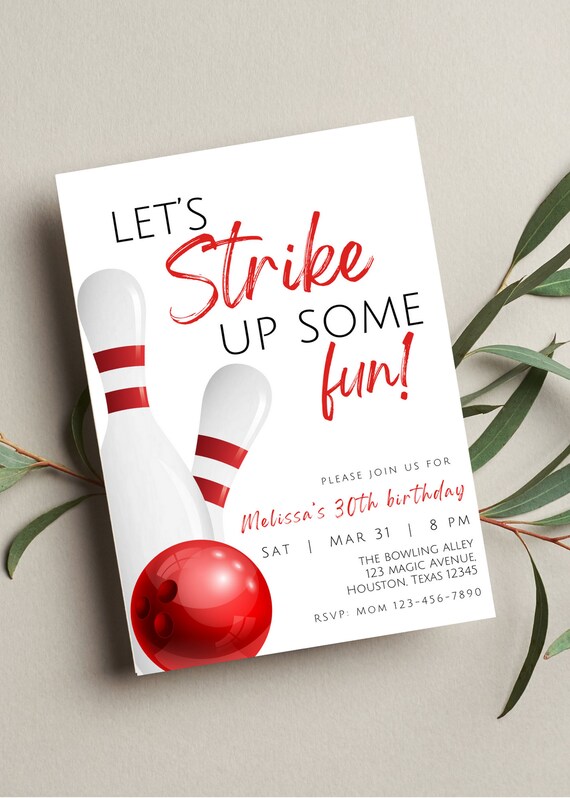 Editable Bowling Birthday Invitation, Let's Strike Up Some Fun, Printable or Digital Invitation