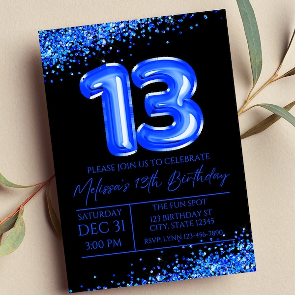 Editable 13th Birthday Invitation, Blue and Black Invitation, Blue 13 Balloon, Glam, Glitter, Printable or Text Invite
