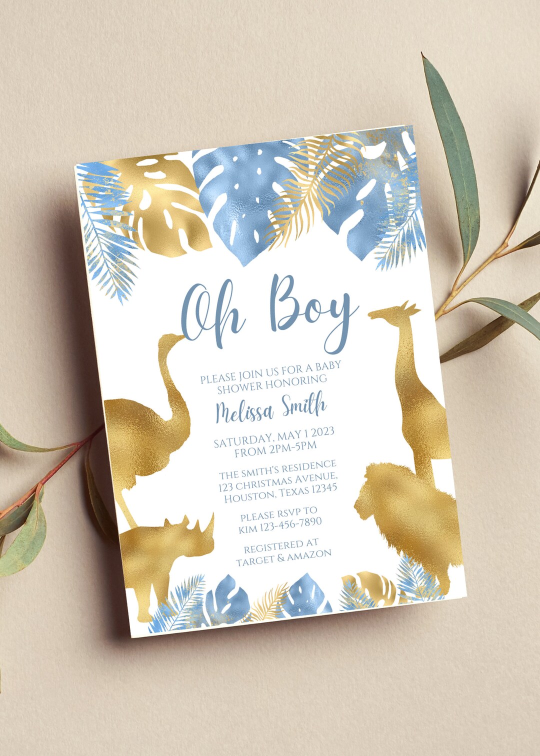Editable Safari Baby Shower Invitation, Boy Baby Shower, Blue and Gold