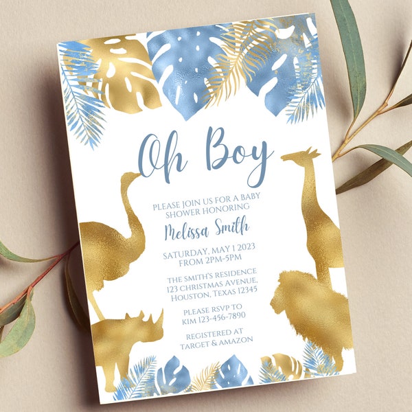 Editable Safari Baby Shower Invitation, Boy Baby Shower, Blue and Gold, Oh Boy, Jungle Animals, Printable or Text Invite