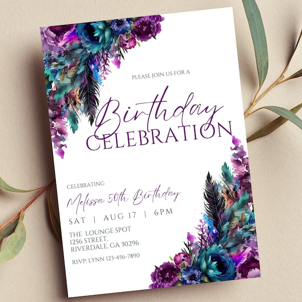 Invitation modifiable à la célébration de l’anniversaire sarcelle et violet, invitation florale, anniversaire, imprimable ou numérique