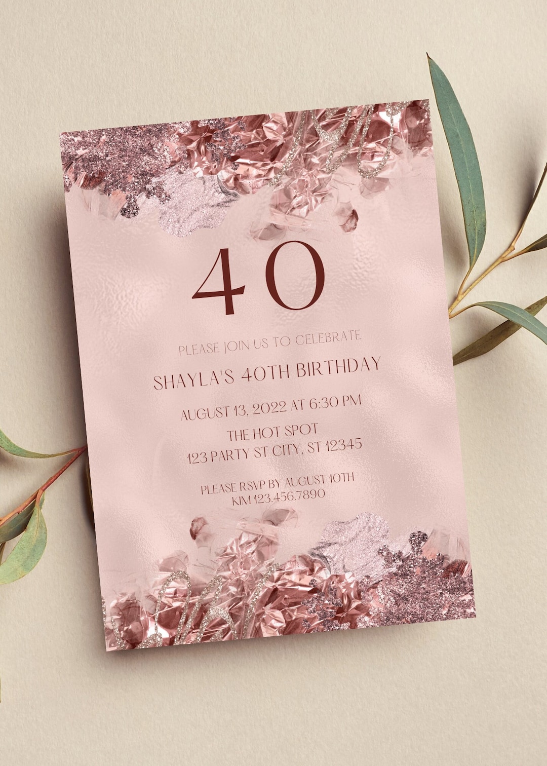 Editable Rose Gold Birthday Invitation, 40th Birthday Invitation, Any ...