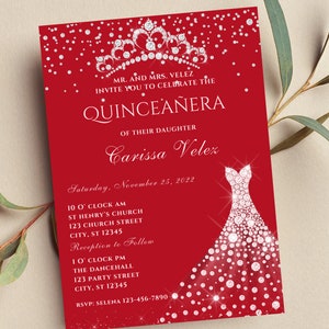 Editable Red and Silver Quinceañera Invitation, Mis Quince Anos, Glam, Diamond, Printable or Text Invite