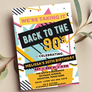 Bewerkbare uitnodiging jaren 90 feest, terug naar de jaren 90, Throwback Party, houseparty, verjaardagsuitnodiging, thema jaren 90, afdrukbaar