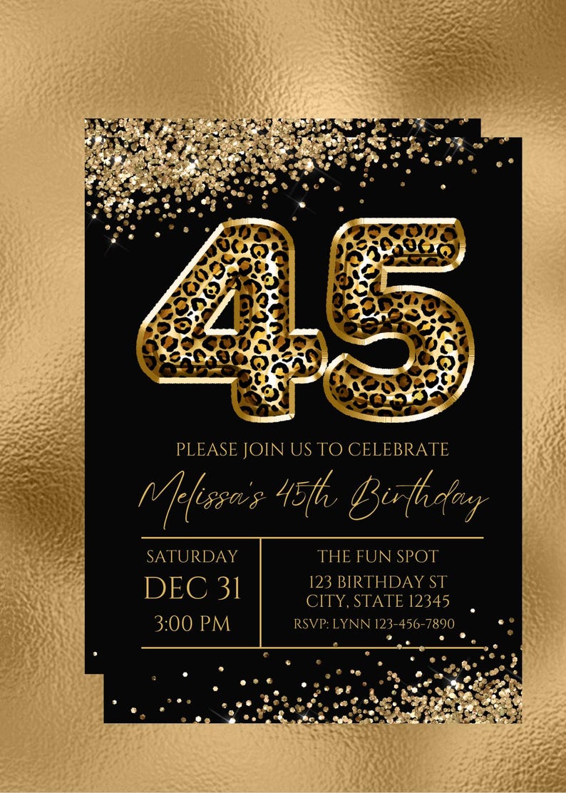 Editable 45th Birthday Invitation, Leopard Print, Black and Gold ...