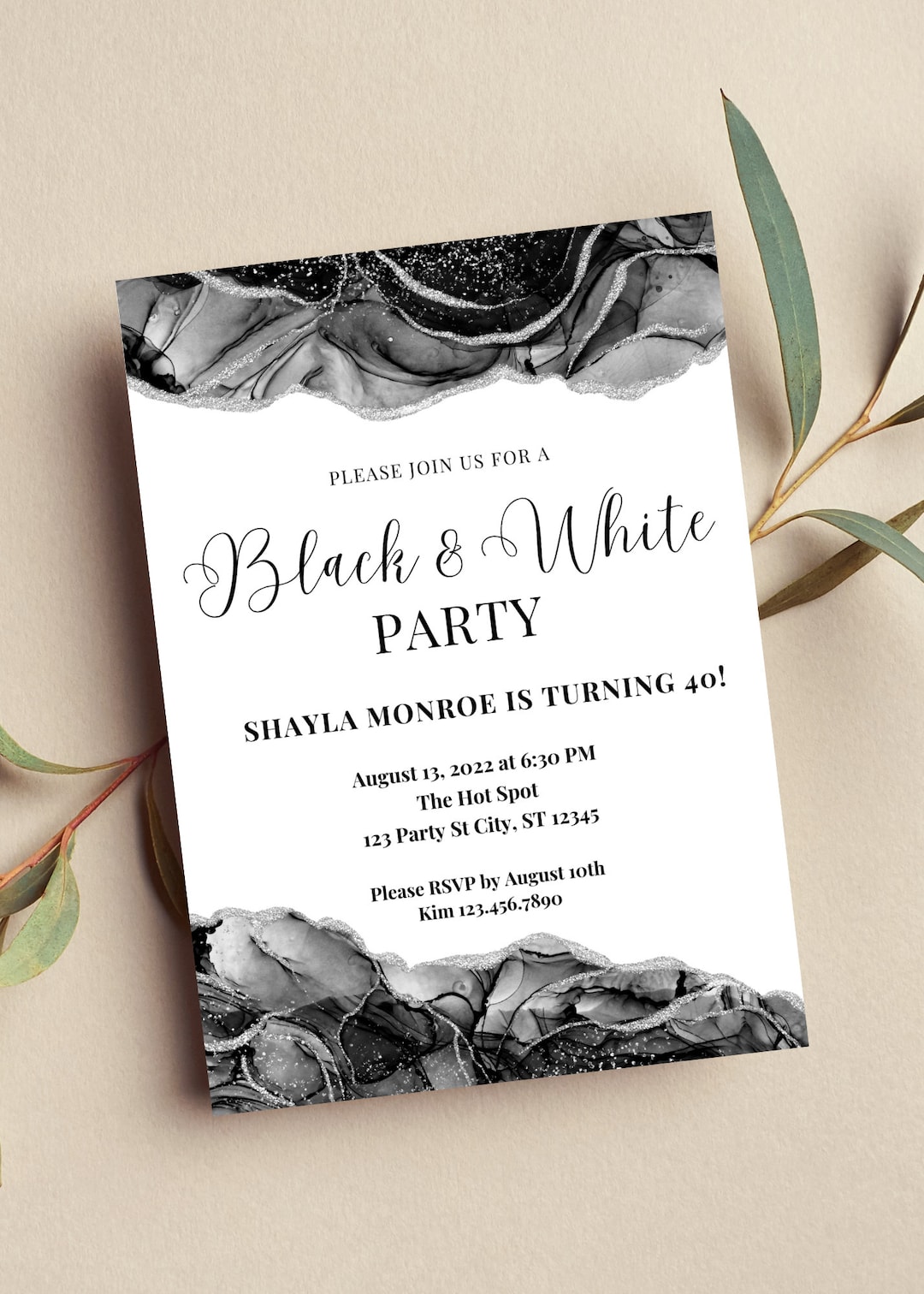 Editable Black and White Party Invitation Black and White Birthday