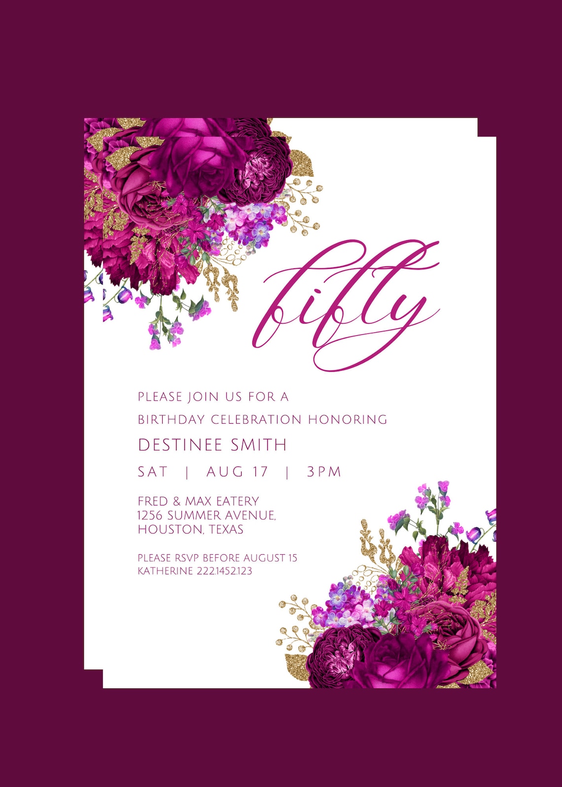 Editable Fuchsia and Gold Floral Invitation Fuchsia and Gold Etsy