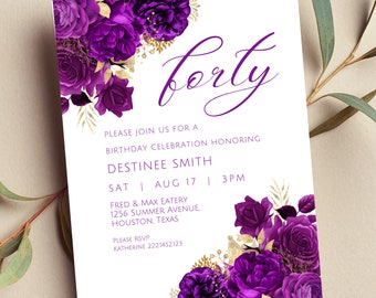 Editable Purple and Gold Floral Invitation, Purple and Gold Flowers, Birthday Invitation, Printable or Text Invite