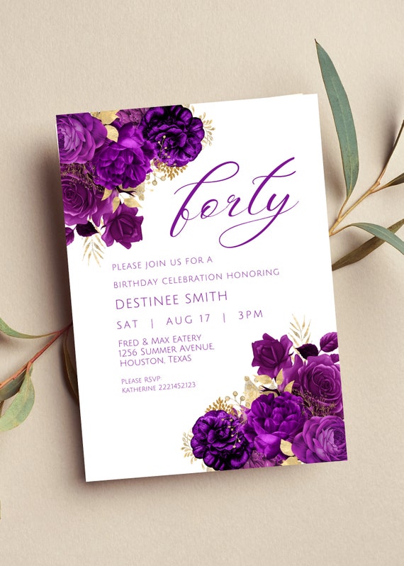 Editable Purple and Gold Floral Invitation, Purple and Gold Flowers, Birthday Invitation, Printable or Text Invite