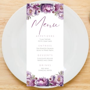 Modelo de cartão de menu editável, cartões de menu florais roxos, aniversário, menu de jantar, menu de mesa, menu de chá de bebê, menu de casamento, para impressão