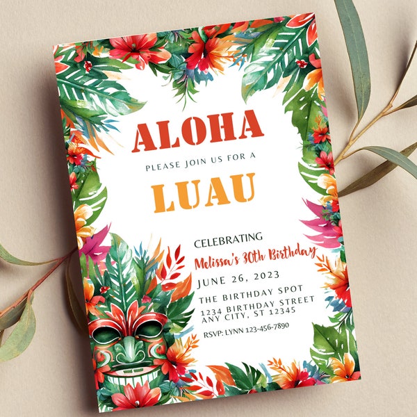 Editable Luau Birthday Invitation, Aloha, Hawaiian Invitation, Luau Party, Tropical, Floral, Tiki, Print or Text Invite