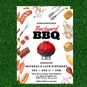 Puede incluir: Una invitaci&oacute;n blanca con un t&iacute;tulo rojo y negro "Backyard BBQ" celebrando un 40&ordm; cumplea&ntilde;os. La invitaci&oacute;n est&aacute; decorada con ilustraciones de acuarela de herramientas para asar, comida y una parrilla roja.