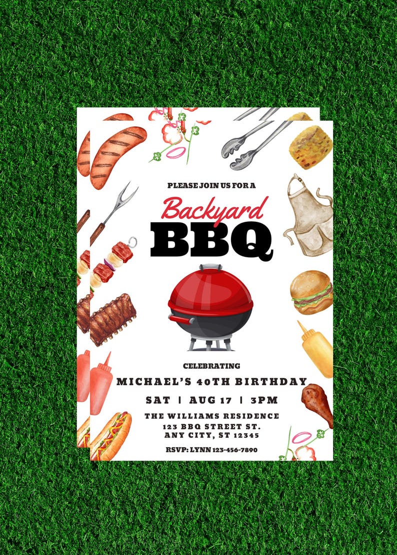 Puede incluir: Una invitaci&oacute;n blanca con un t&iacute;tulo rojo y negro "Backyard BBQ" celebrando un 40&ordm; cumplea&ntilde;os. La invitaci&oacute;n est&aacute; decorada con ilustraciones de acuarela de herramientas para asar, comida y una parrilla roja.