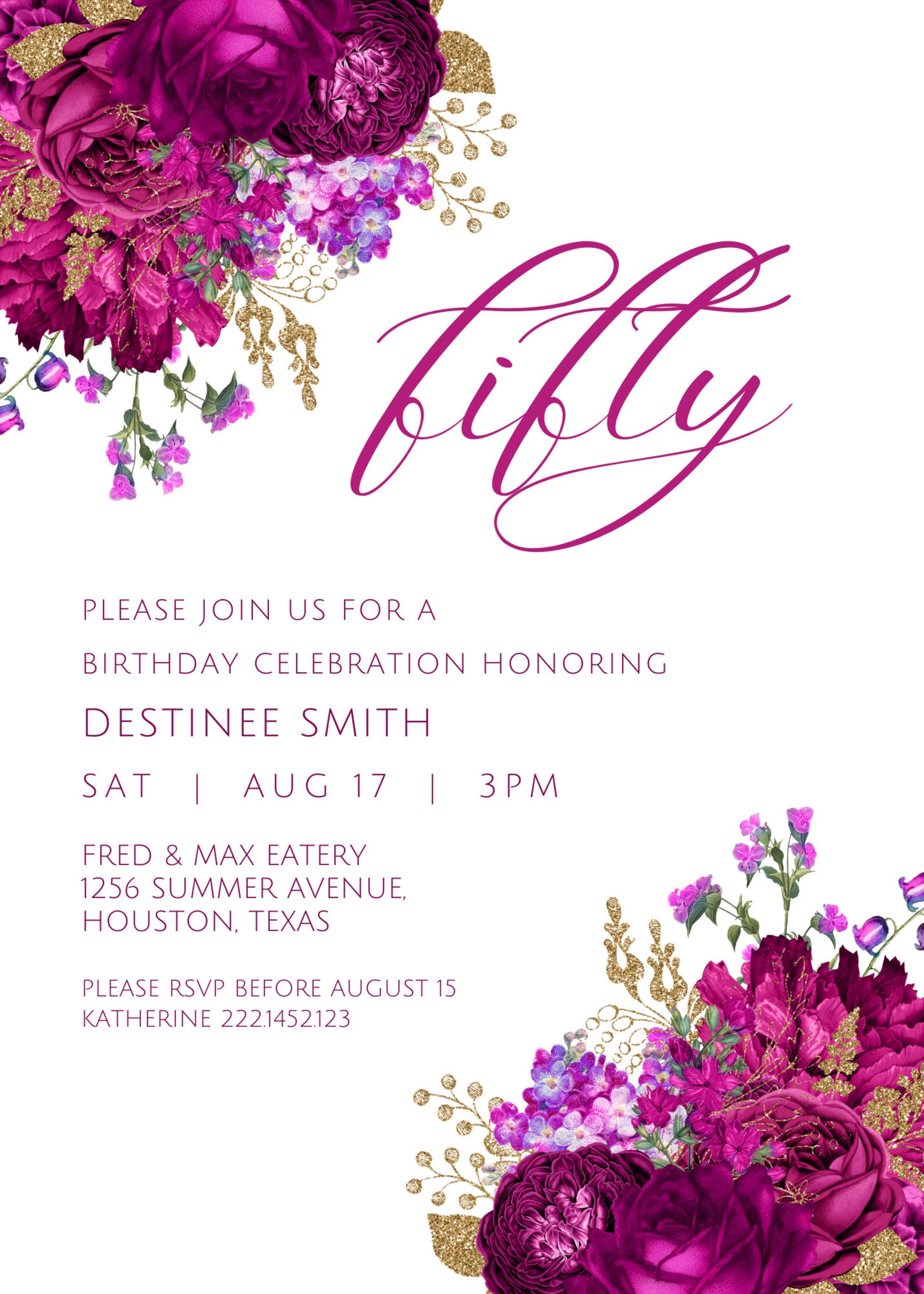 Editable Fuchsia and Gold Floral Invitation Fuchsia and Gold Etsy