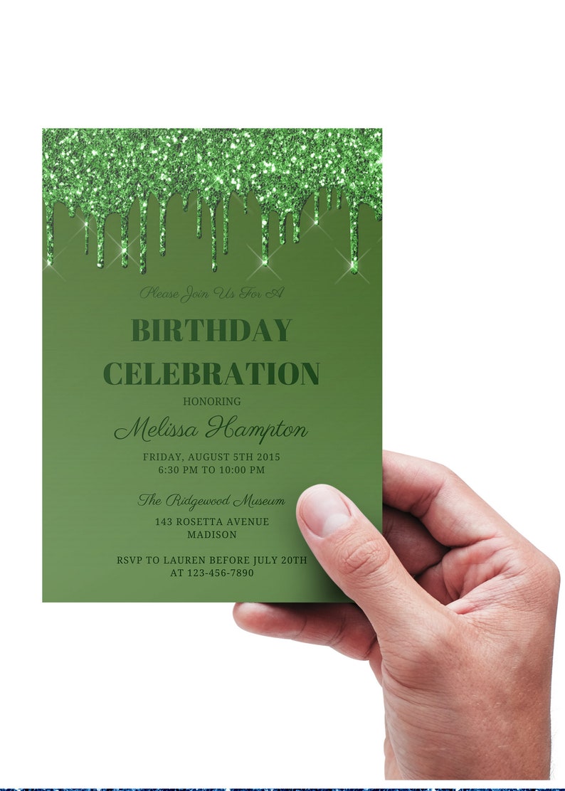 Editable Green Birthday Invitation Green Glitter Drip Etsy