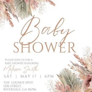 May include: A baby shower invitation with a watercolor floral design in shades of pink, beige, and green. The text reads "Baby Shower" in a cursive font and includes the name "Melissa Smith", the date "May 17", the time "6PM", the location "The Lounge Spot", the address "1256 Street, Riverdale, GA 30296", and the RSVP information "RSVP: Lynn 123-456-7890".