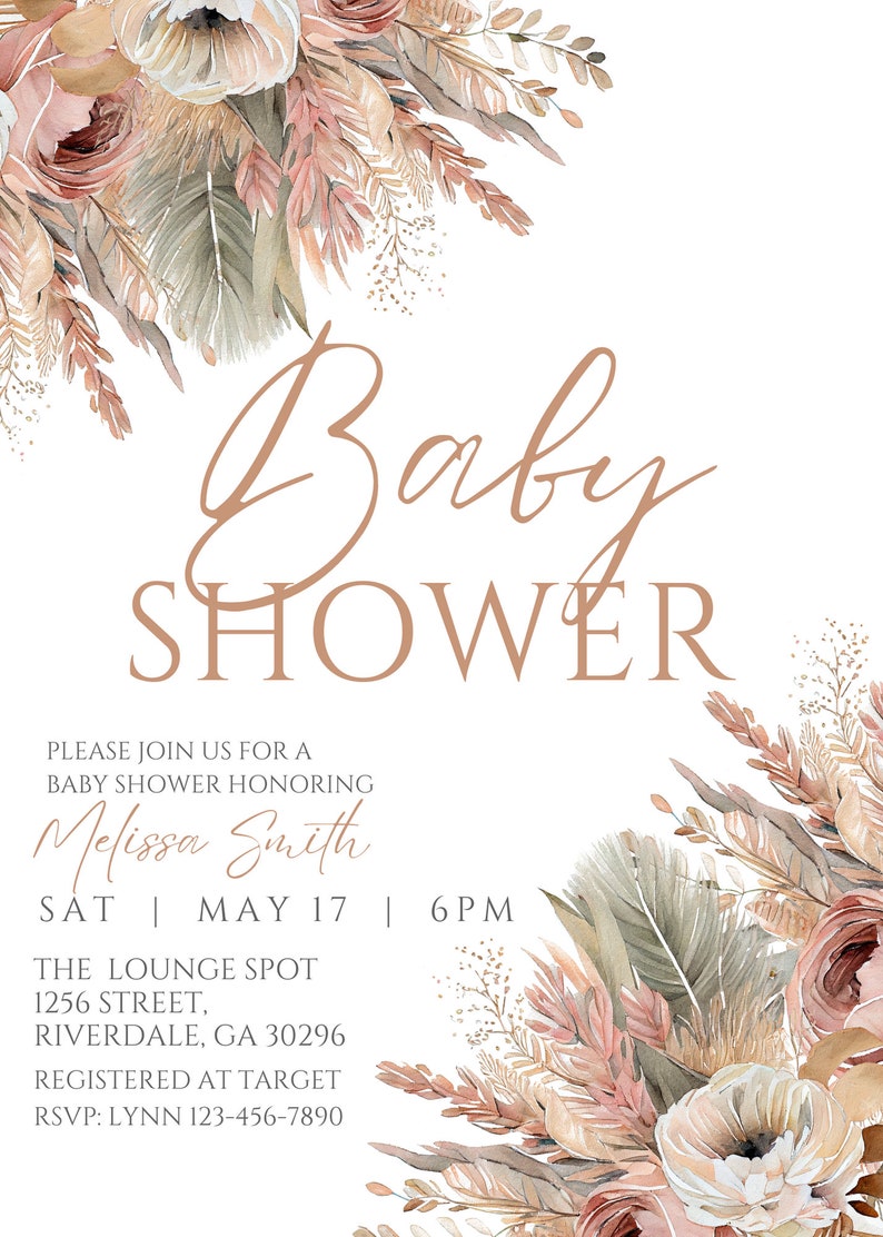 May include: A baby shower invitation with a watercolor floral design in shades of pink, beige, and green. The text reads "Baby Shower" in a cursive font and includes the name "Melissa Smith", the date "May 17", the time "6PM", the location "The Lounge Spot", the address "1256 Street, Riverdale, GA 30296", and the RSVP information "RSVP: Lynn 123-456-7890".