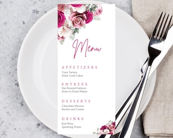 Pink Floral Party Menu Template  Editable Printable (Instant Download)