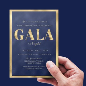 May include: A gold and blue invitation card for a gala event. The card features the text "GALA Night" in gold lettering. The event is scheduled for Saturday, May 1, 2023, from 6:00 PM to 10:00 PM at The Grand Museum, 1256 Summer Avenue, Houston, Texas. The invitation requests an RSVP by August 15 to Katherine at 222.1452.123.