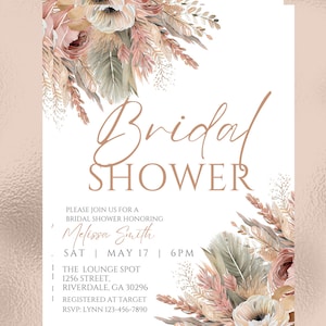 May include: A white invitation with a floral border in shades of pink, beige, and green. The text reads "Bridal Shower" in a copper-colored font. The invitation is for a bridal shower honoring Melissa Smith on Saturday, May 17th at 6 PM at The Lounge Spot, 1256 Street, Riverdale, GA 30296. The bride-to-be is registered at Target. RSVP to Lynn at 123-456-7890.
