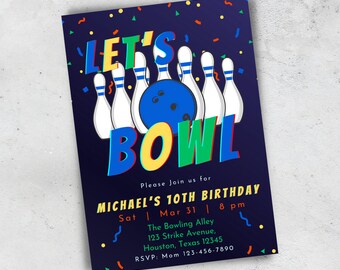 Op de afbeelding: Een blauwe en gele verjaardagsuitnodiging met een bowlingbal en kegels. De tekst luidt "Let's Bowl" en "Michael's 10th Birthday". De uitnodiging bevat de datum, tijd en locatie van het feest.