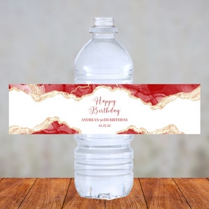 Editable Water Bottle Label Template, Red Gold, and White, Party Favor, Birthday, Wedding, Baby Shower, Printable, Instant Download