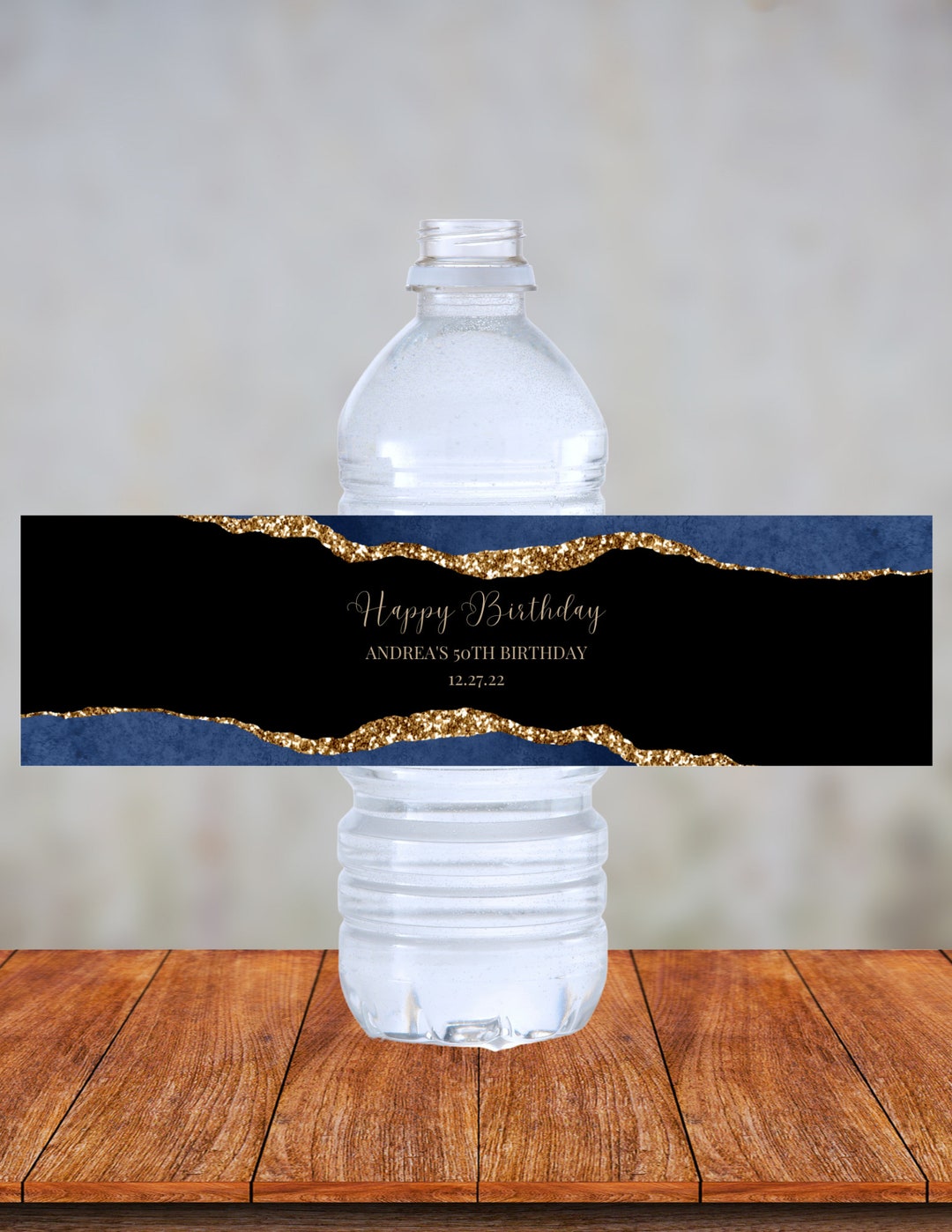 Editable Blue, Gold and Black Water Bottle Label Template, Blue and ...