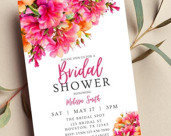 May include: A pink and orange floral bridal shower invitation with the text "PLEASE JOIN US FOR A BRIDAL SHOWER HONORING Melissa Smith SAT MAY 17 3PM THE BRIDAL SPOT 123 BRIDAL ST HOUSTON, TX 12345 RSVP: LYNN 123-456-7890 REGISTERED AT TARGET"