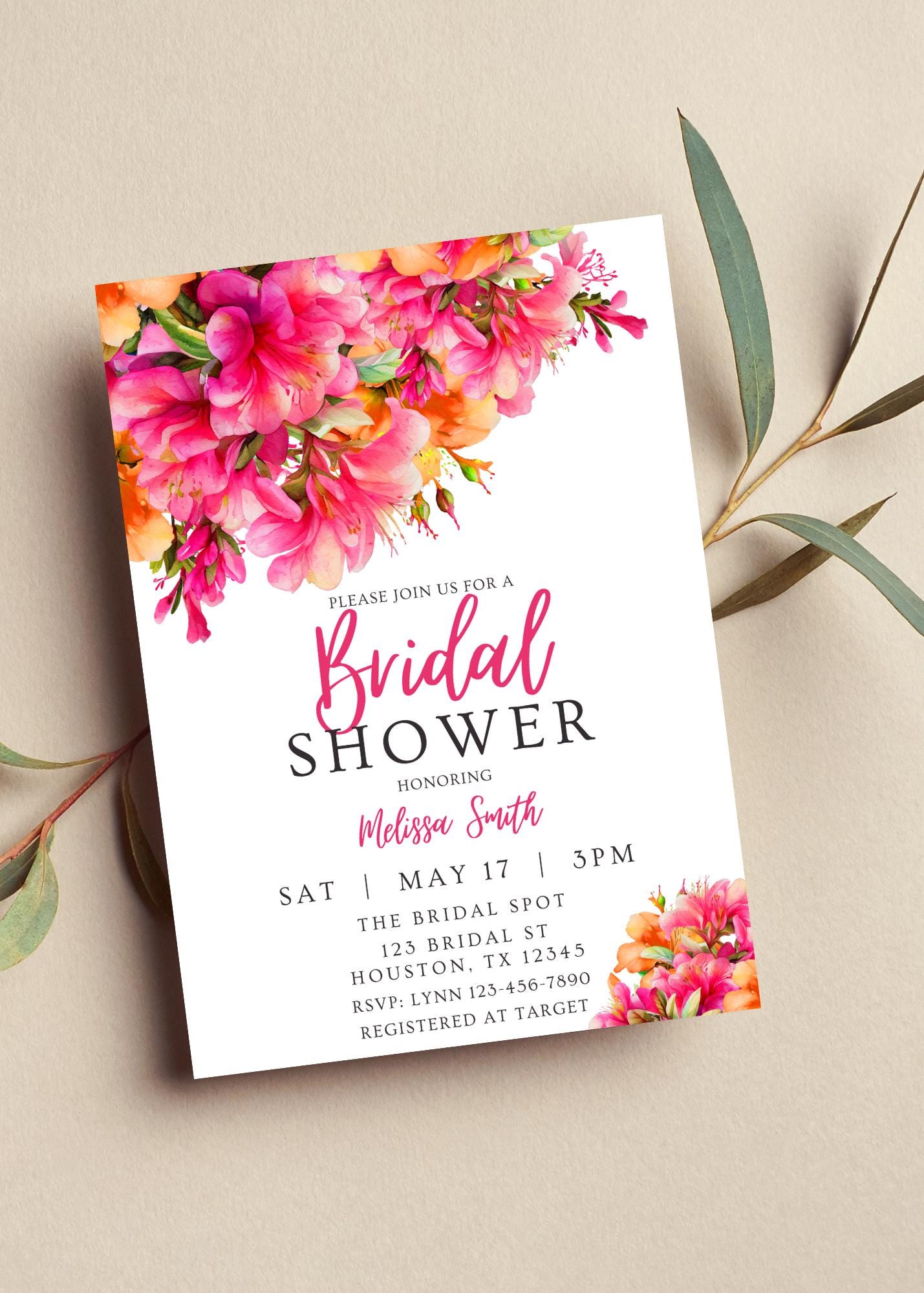 Editable Pink and Orange Bridal Shower Invitation, Floral