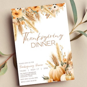 Editable Thanksgiving Dinner Invitation Boho Orange Pumpkin Friendsgiving Invite Printable