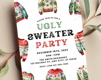 May include: Invitation to an Ugly Christmas Jumper Party on 18th December 2023 from 6pm to 11pm at The Smith Residence, 123 Holiday St., Any City, ST 12345. RSVP to Lynn on 123-456-7890. The invitation features a white background with colourful illustrations of Christmas jumpers.
