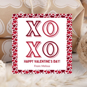 Etiqueta de regalo de San Valentín imprimible, etiqueta de bolsa de regalo de San Valentín para el aula, etiqueta de regalo de San Valentín con tarjeta XOXO, roja, descarga instantánea, editable