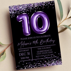 Editable 10th Birthday Invitation, Purple and Black Invitation, Purple 10 Balloon, Glam, Glitter, Printable or Digital Invitation