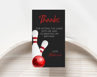 Printable Birthday Bowling Tag, Thank You for Coming, Favor Tags, Lets Strike Up Some Fun, Gift Tags, Red, Editable