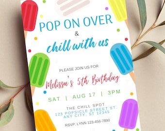 Pop On Over Summer Popsicle Invitation, Editable Toddler Birthday Invite Printable Digital Party Template Ice Cream, Pool Party, Baby Shower