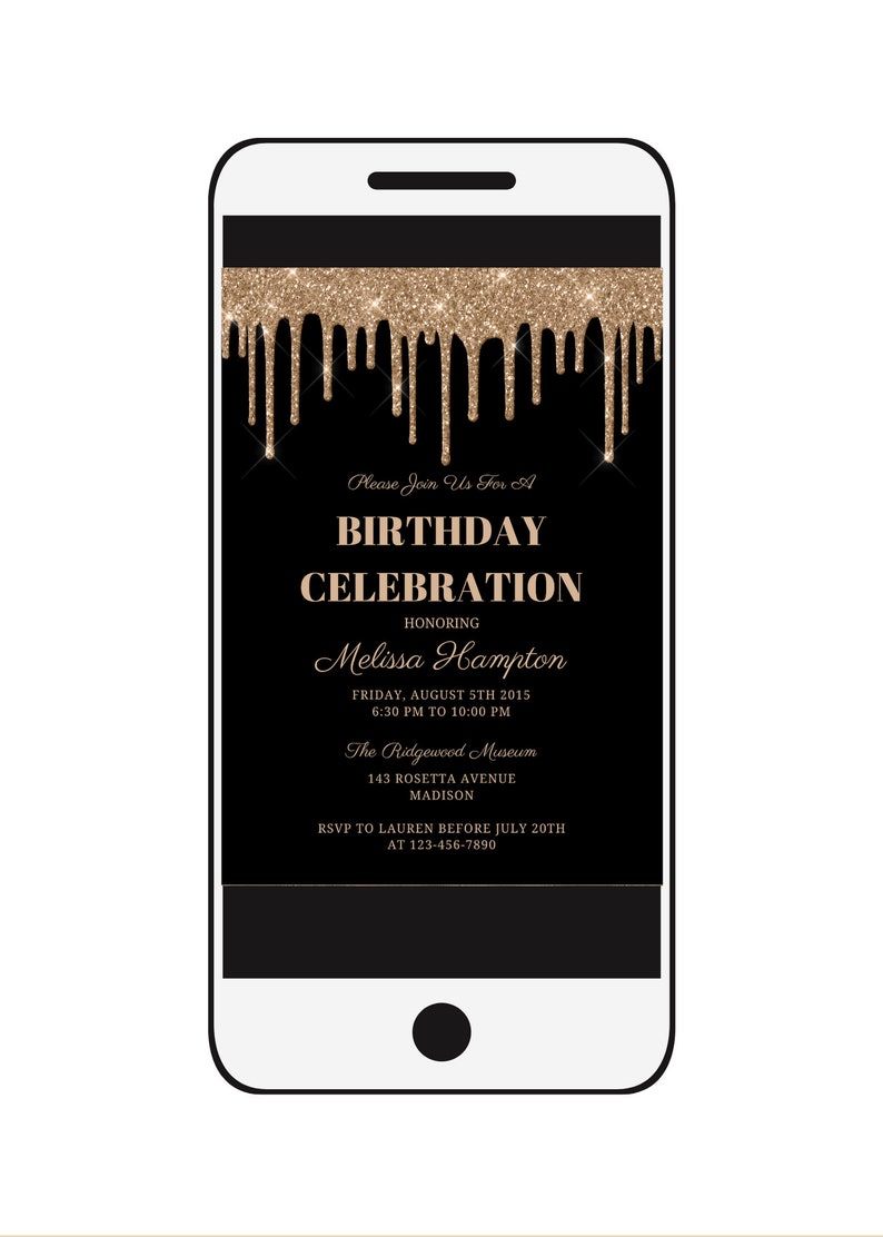 Buy Editable Black and Gold Birthday Invitation, Gold Glitter Drip ...