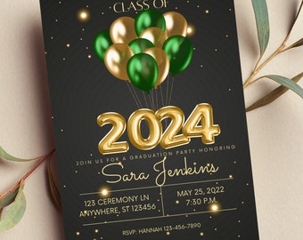 Editable Graduation Invitation 2025, Green and Gold Balloons Graduation Announcement, Class of 2025, Printable or Digital Invite