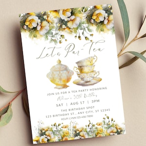 Editable Tea Party Invitation, Let's Par-Tea, Birthday Tea Party Invite, Yellow, Baby Shower, Bridal Shower, Printable or Text Invite