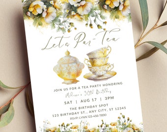 Editable Tea Party Invitation, Let's Par-Tea, Birthday Tea Party Invite, Yellow, Baby Shower, Bridal Shower, Printable or Text Invite