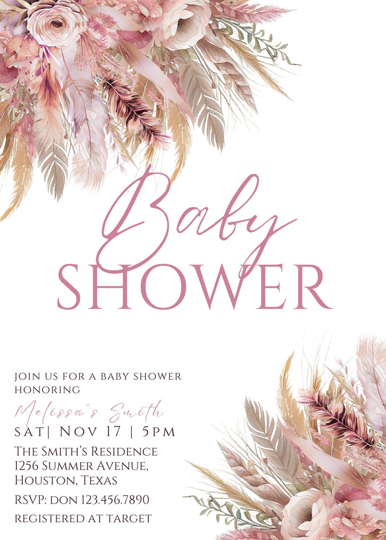 Może przedstawiać: R&oacute;żowe i białe zaproszenie na baby shower z kwiatowym wzorem i tekstem "Baby Shower" w kolorze r&oacute;żowym. Zaproszenie zawiera datę, godzinę, miejsce i informacje RSVP.