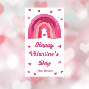 Printable Valentines Gift Tags Pink, Retro Rainbow Happy Valentine&#39;s Day Favor Tag, Classroom Valentine, Editable, Instant Download
