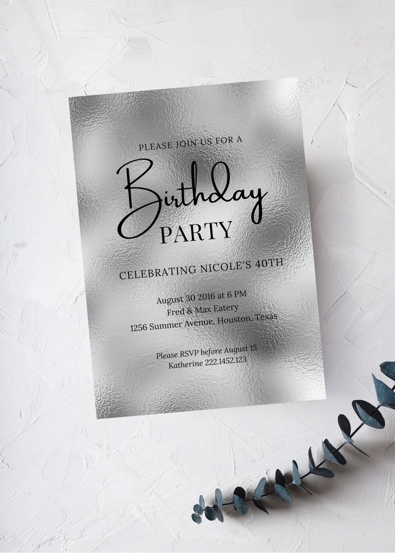 Editable Silver Birthday Invitation Minimalist Printable or - Etsy
