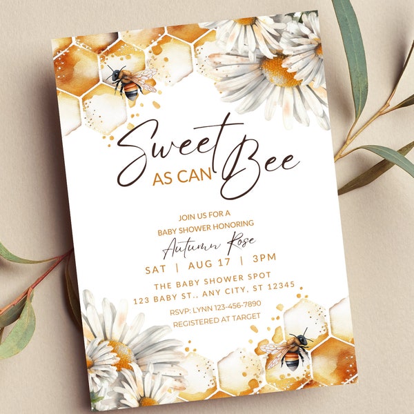 Bearbeitbare Sweet as Can Bee Baby Shower Einladung, Daisy, Honeycomb, Gender Neutral, Printable oder Digital Invite