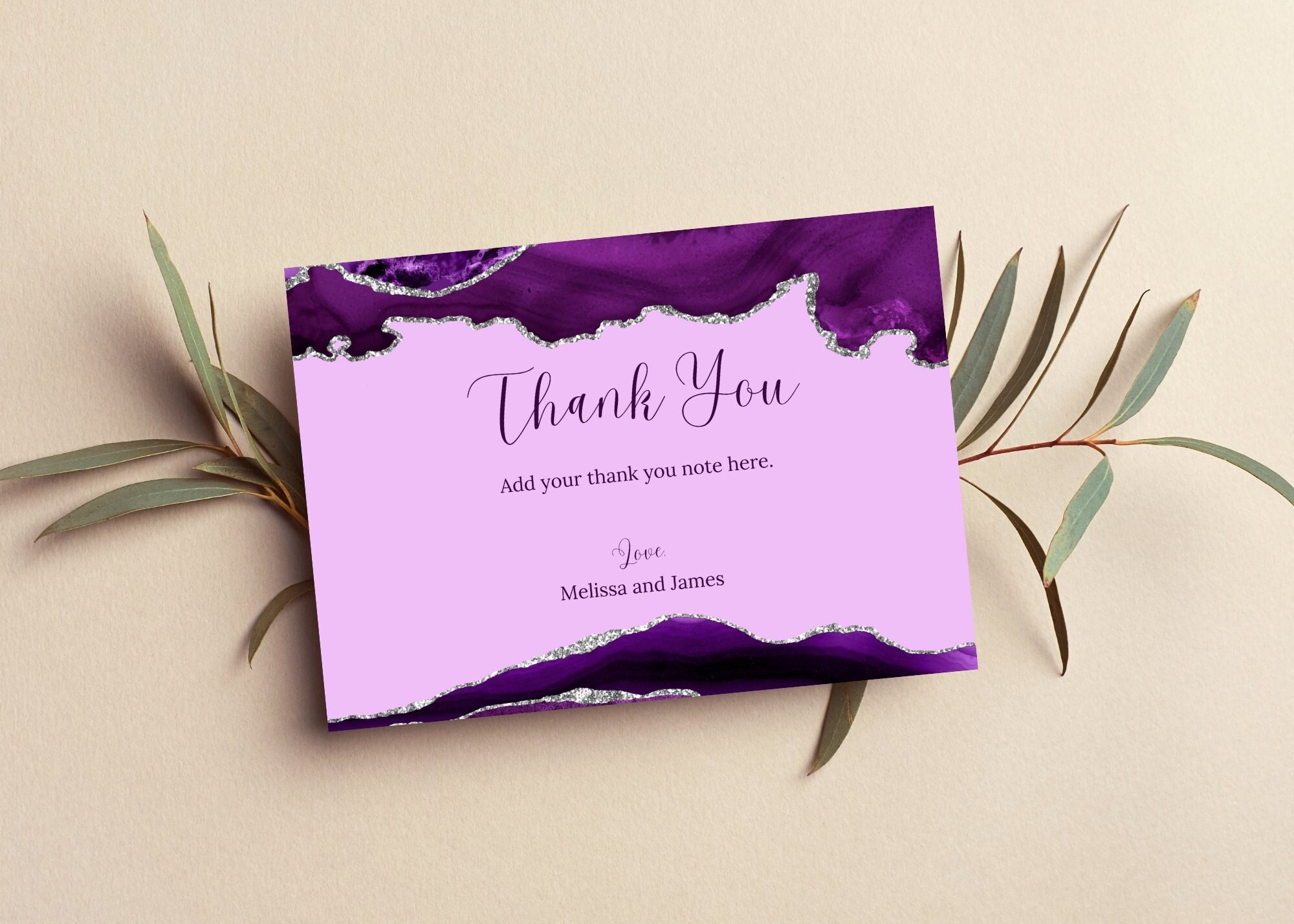 Printable Thank You Card, Purple and Silver Thank You Note