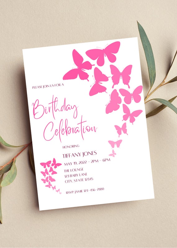Invitation Anniversaire de papillon d'illustration simple rose