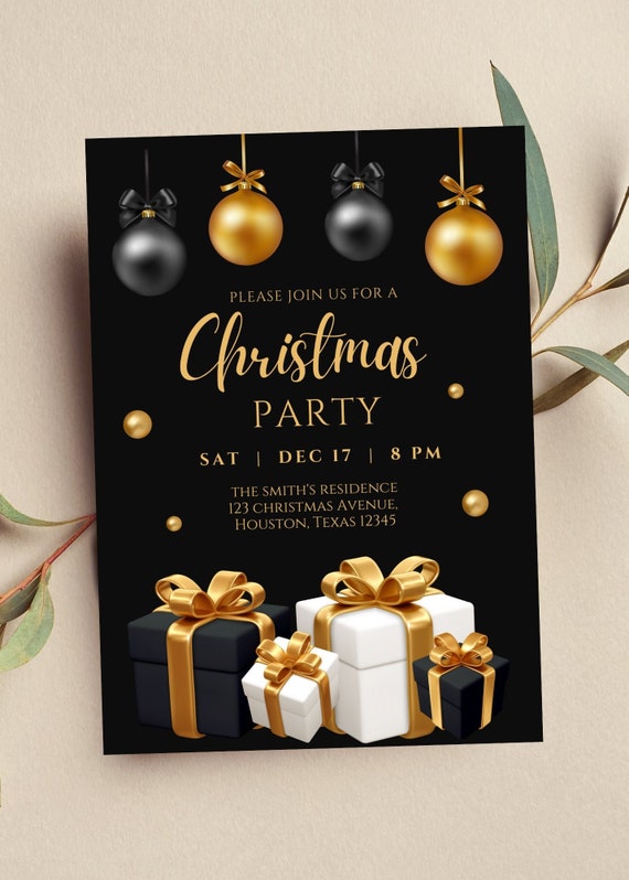 Editable Christmas Party Invitation Black and Gold Invite Etsy