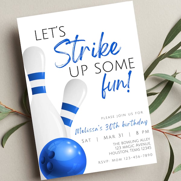 Editable Bowling Birthday Invitation, Let's Strike Up Some Fun, Blue, Printable or Digital Invitation