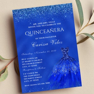 Editable Royal Blue Quinceañera Invitation, Mis Quince Anos, Glam, Glitter, Printable or Text Invite